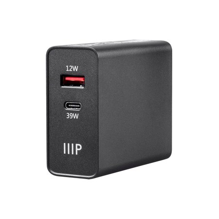 Monoprice Obsidian Speed Plus USB Wall Charger_ 2-Port_ 39W PD + 2.4A Output for 24426